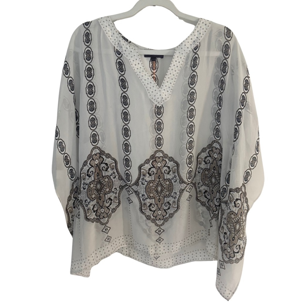 Hale Bob 100% Silk Printed Poncho Top  V-Neck Ivory/Black Medallion Women’s XS